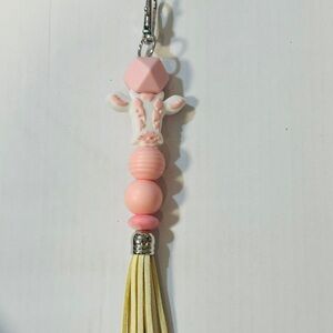 Pink and Cream Cow Keychain with Tassel